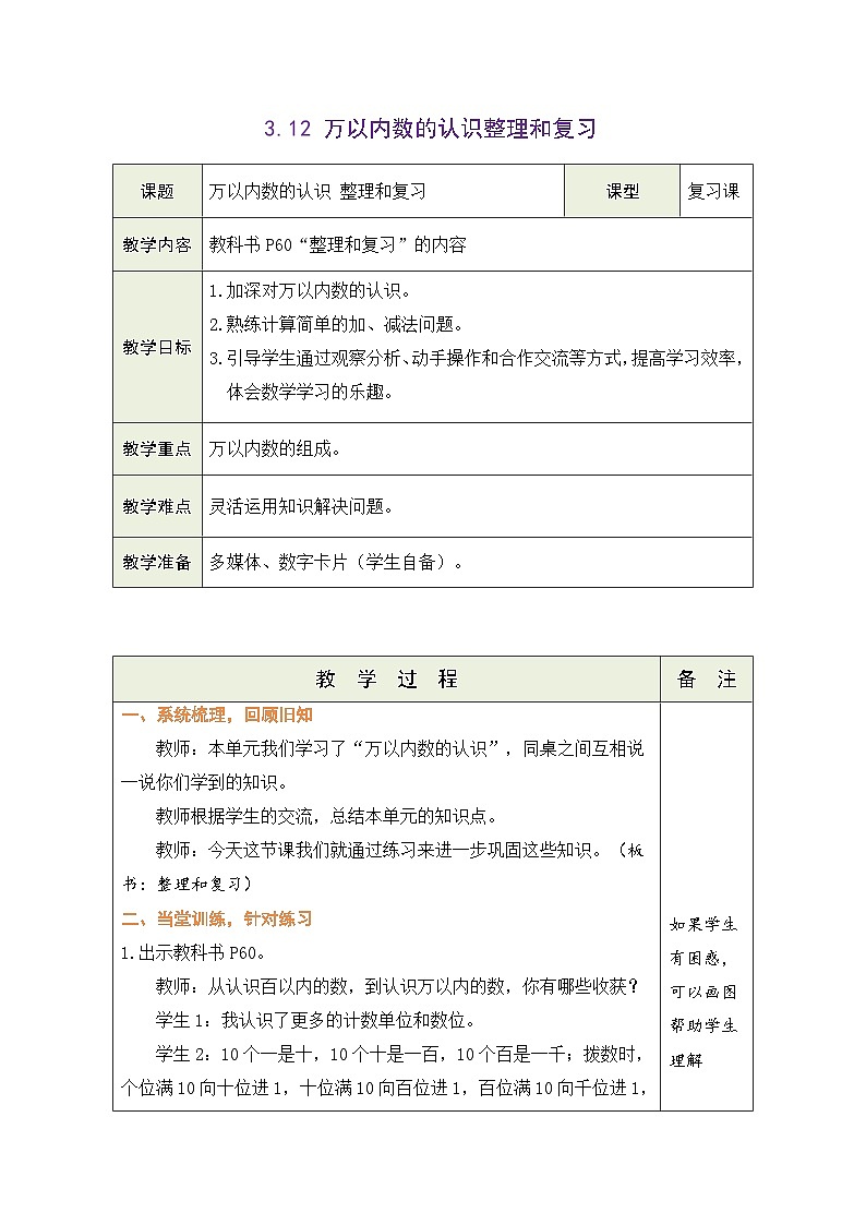 3.12  万以内数的认识 整理和复习 教案（表格式）2025-2026学年度人教版数学二年级下册第1页