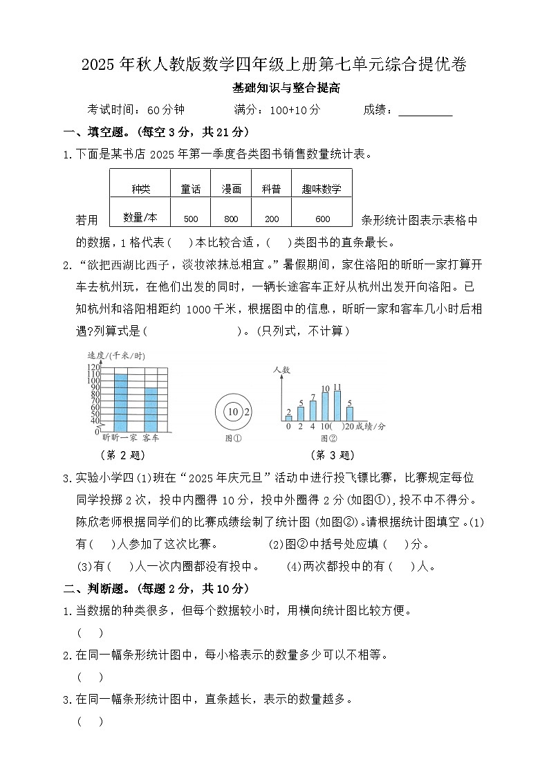 2025年秋人教版数学四年级上册第七单元条形统计图综合提优卷（含答案）第1页