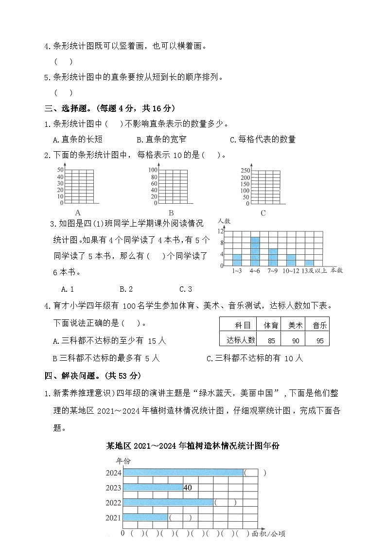 2025年秋人教版数学四年级上册第七单元条形统计图综合提优卷（含答案）第2页
