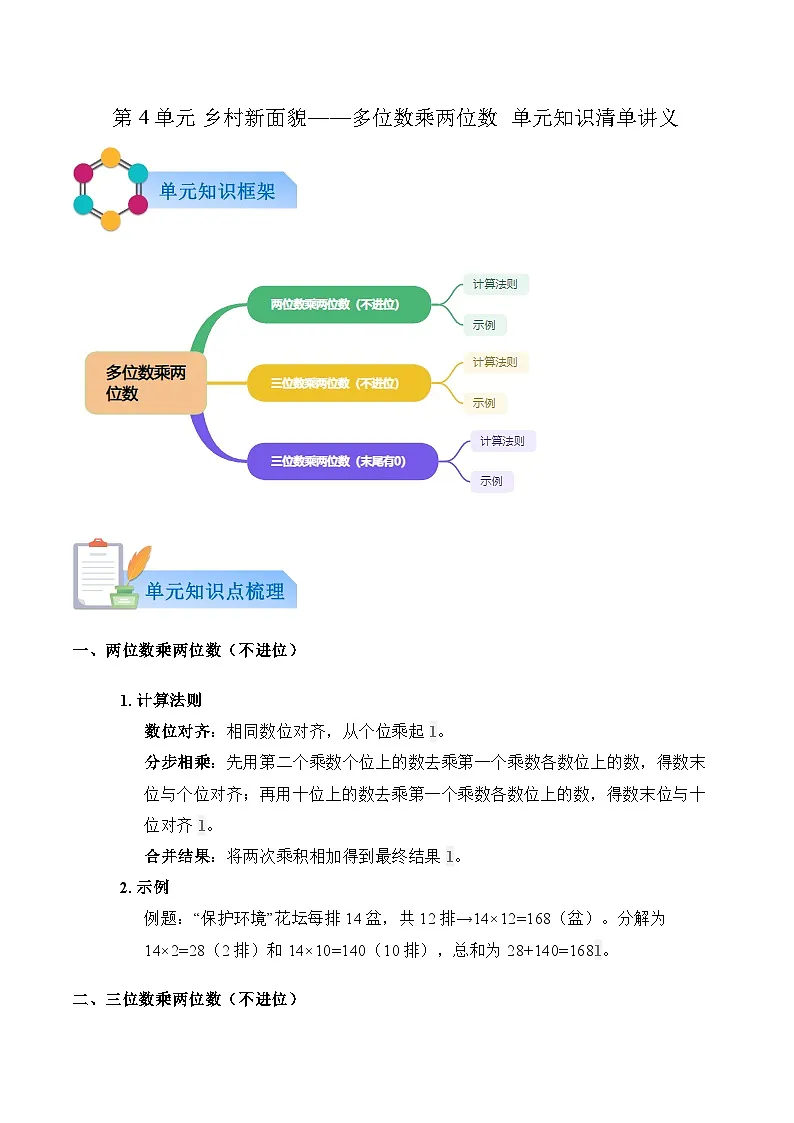 第4单元 乡村新面貌——多位数乘两位数（原卷版）第1页