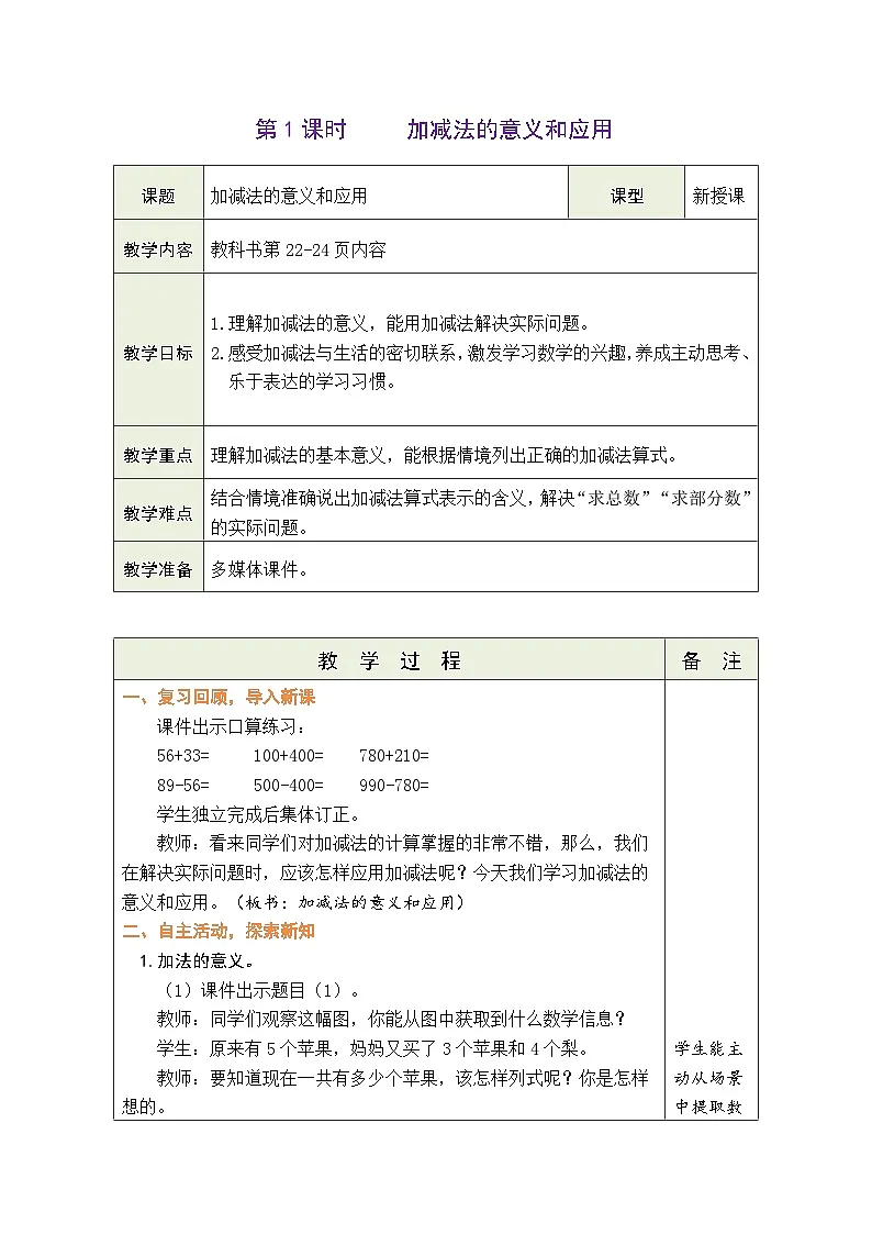 苏教版（2024）数学三年级下册 2.1 加减法的意义和应用（表格式教案）第1页