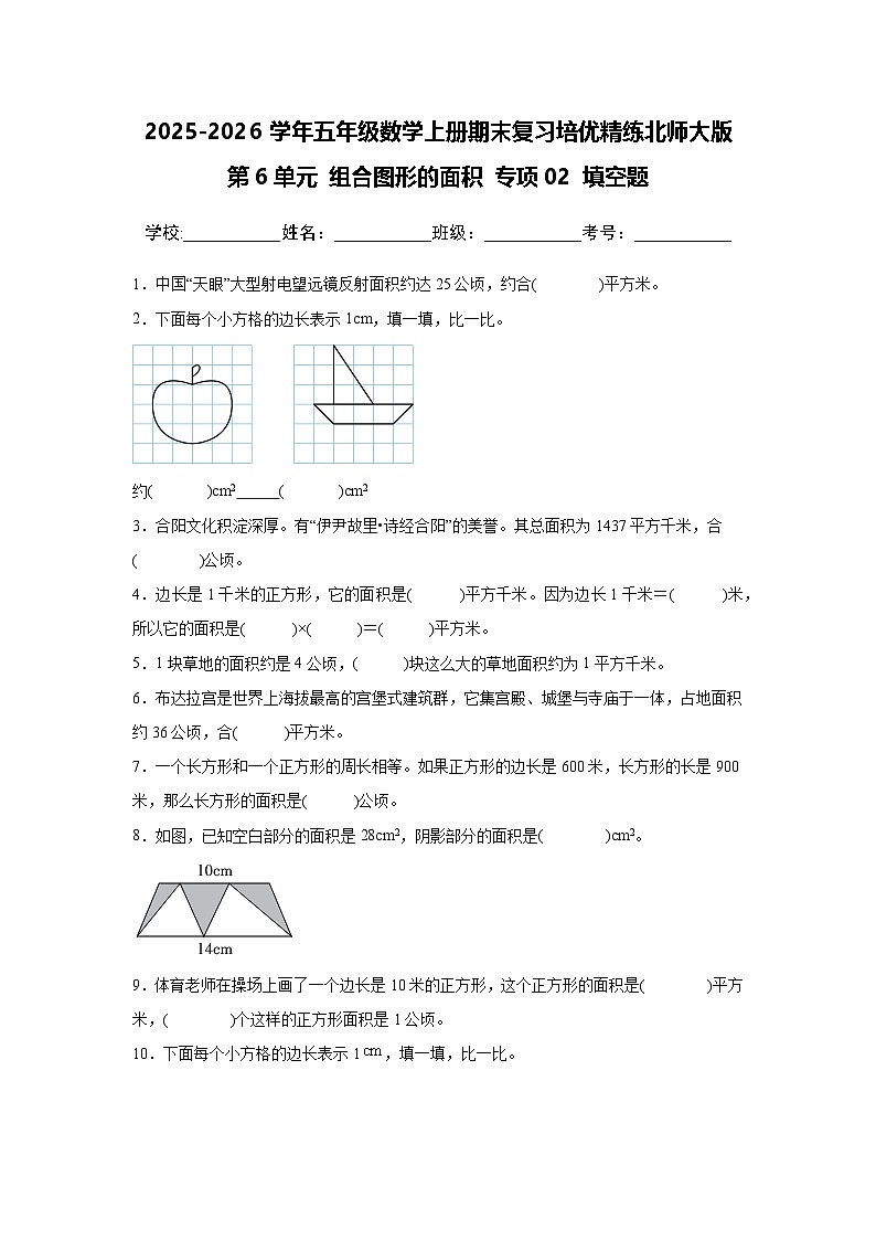 （期末考点）第6单元 组合图形的面积 专项02 填空题-2025-2026学年五年级数学上册期末复习培优精练北师大版（含答案解析）第1页