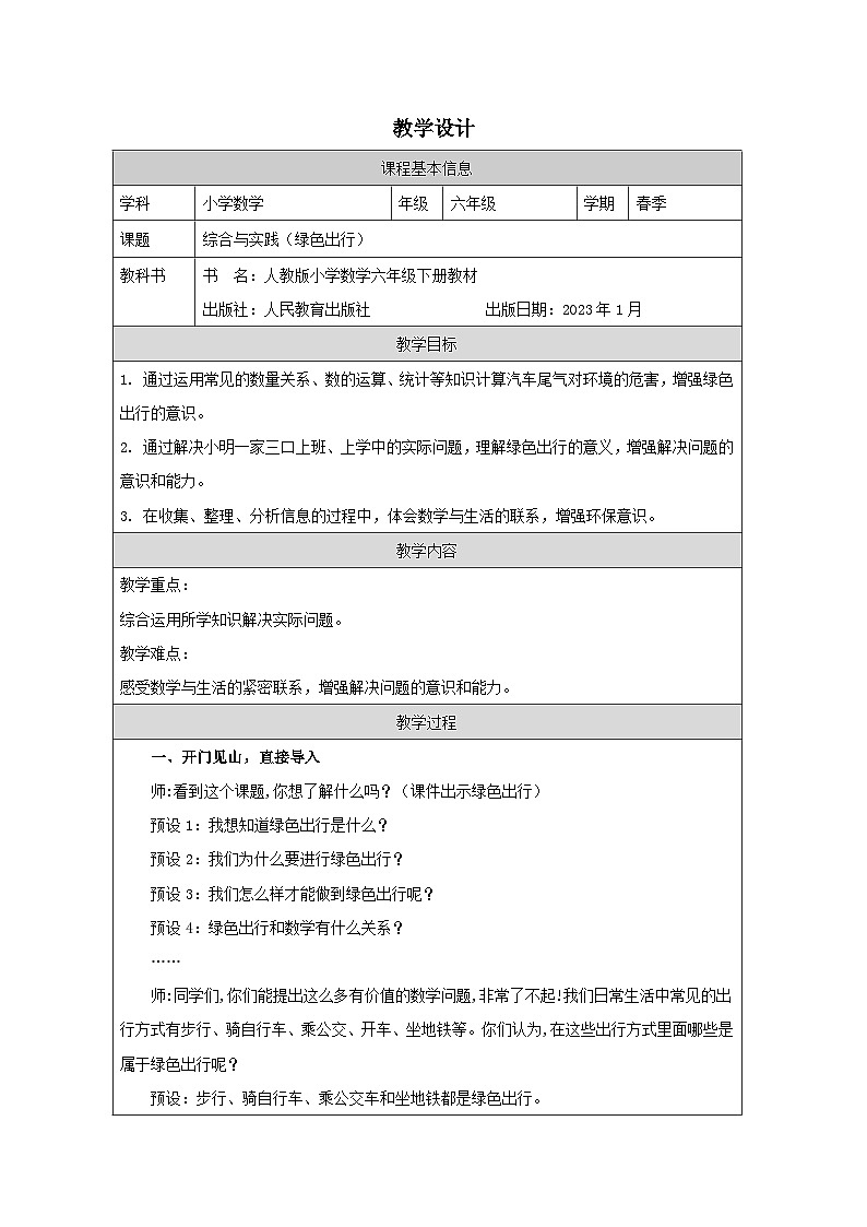 人教版数学六年级下册综合与实践（绿色出行）-表格式教案第1页