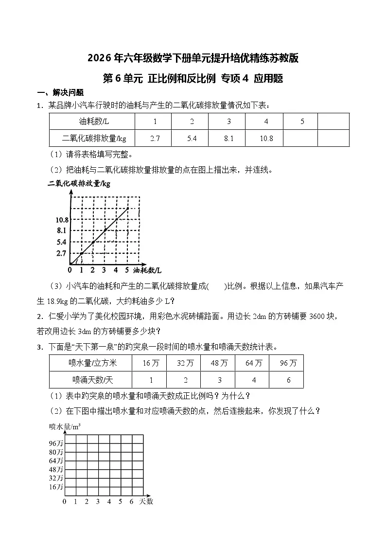 第6单元2026年六年级数学下册单元提升培优精练苏教版第6单元 正比例和反比例 专项4 应用题（含答案解析）第1页