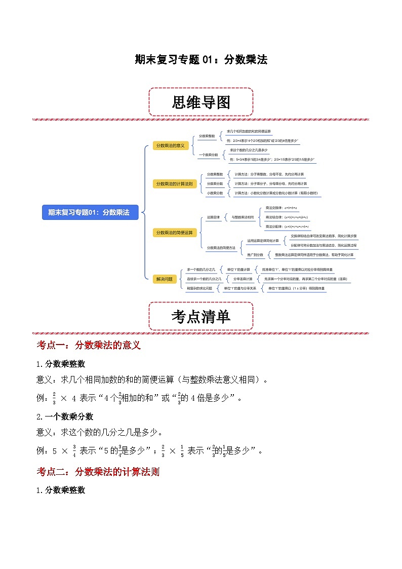 期末复习专题01：分数乘法（思维导图+考点清单+易错归纳+典例精析）-2025-2026学年六年级上册数学人教版（解析版）第1页