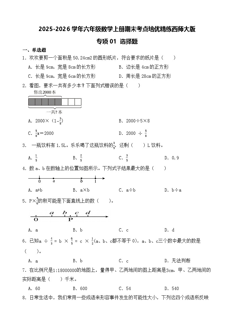 （期末考点）2025-2026学年六年级数学上册期末考点培优精练西师大版专项01 选择题（含答案解析）第1页