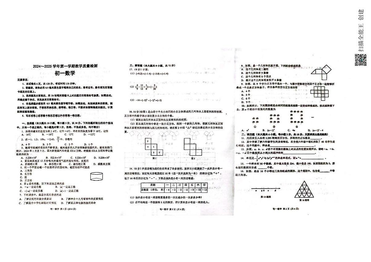 山东省威海市文登区2024-2025学年六年级上学期1月数学期末PDF无答案第1页