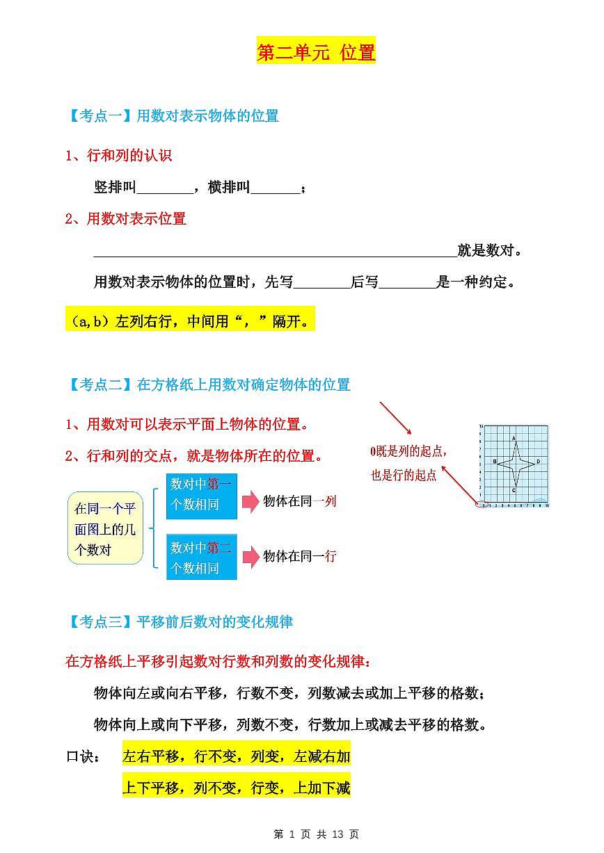 人教版数学五年级上册第二单元 位置练习 （无答案）第1页