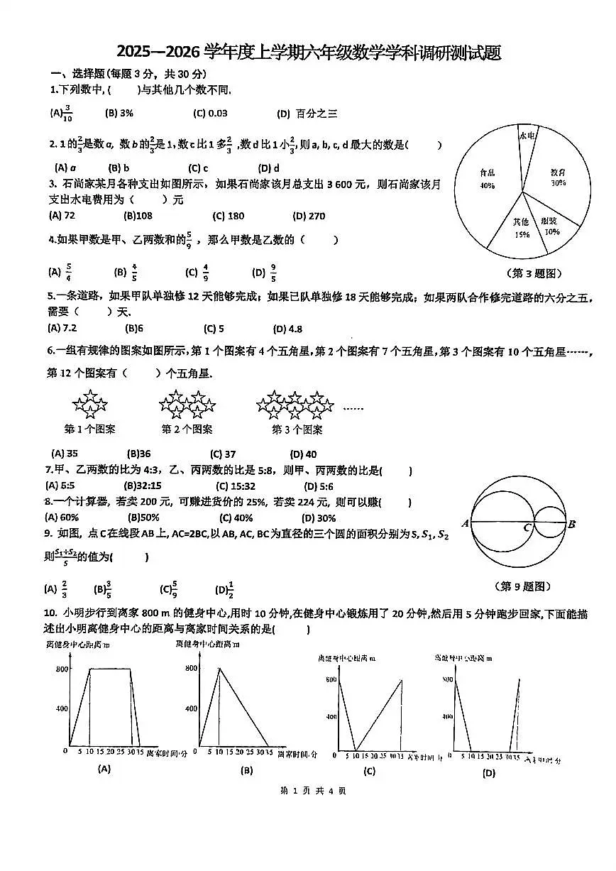 2026年哈尔滨市道里区六年级（上）数学期末试卷及答案第1页