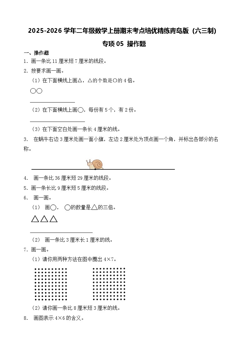 （期末考点）2025-2026学年二年级数学上册期末考点培优精练青岛版（六三制）专项05 操作题（含答案解析）第1页