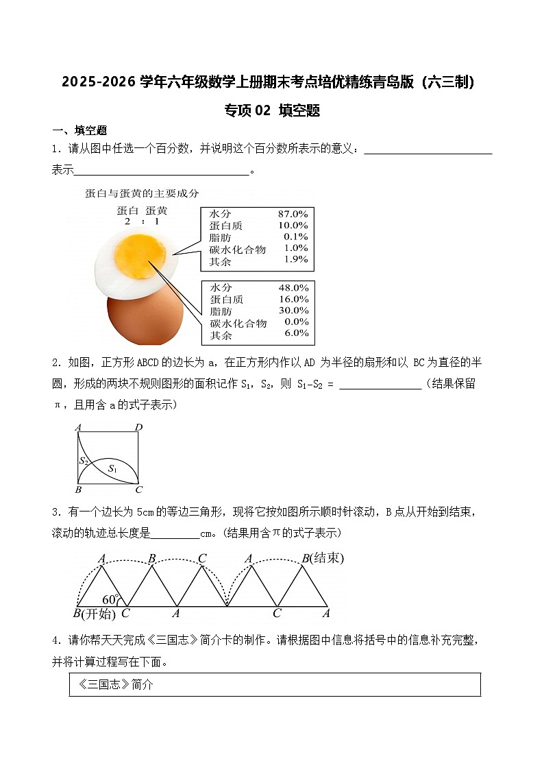 （期末考点）2025-2026学年六年级数学上册期末考点培优精练青岛版（六三制）专项02 填空题（含答案解析）第1页