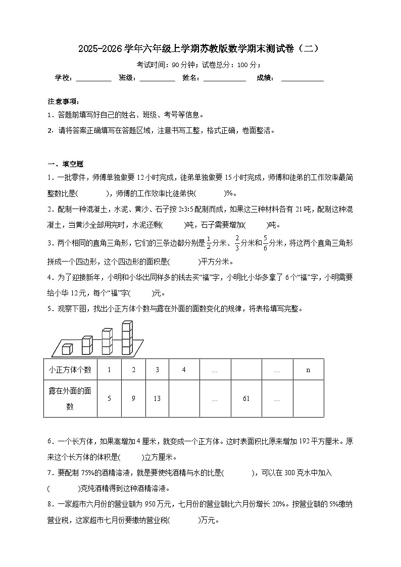2025-2026学年六年级上学期苏教版数学期末测试卷（二）（含答案解析）第1页