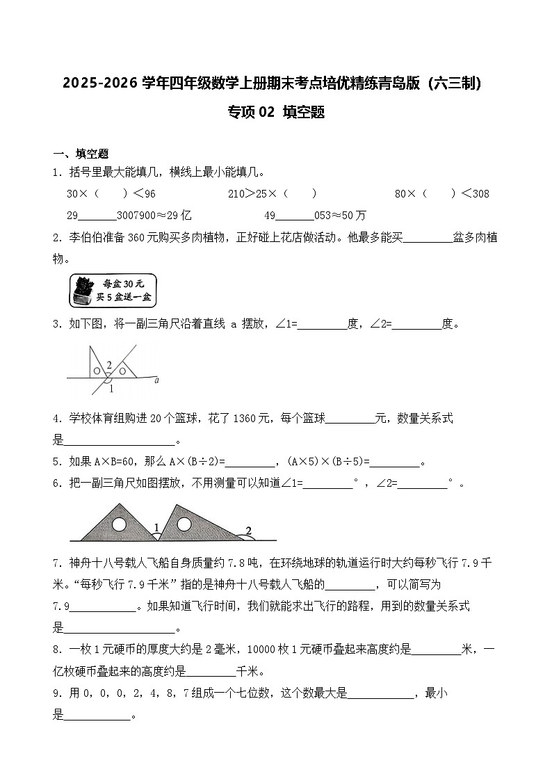 （期末考点）2025-2026学年四年级数学上册期末考点培优精练青岛版（六三制）专项02 填空题（含答案解析）第1页