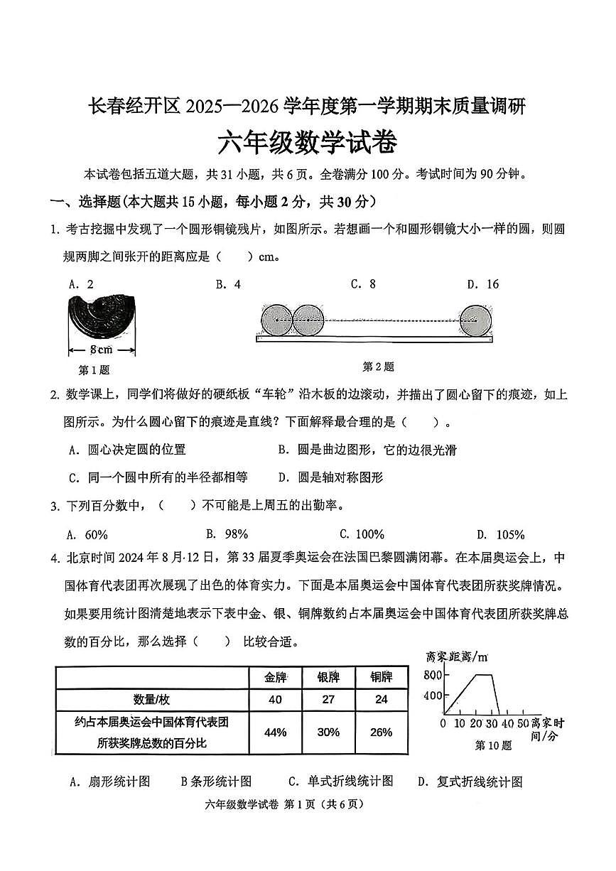 吉林市长春市经开区2025-2026学年六年级上学期期末数学试卷第1页