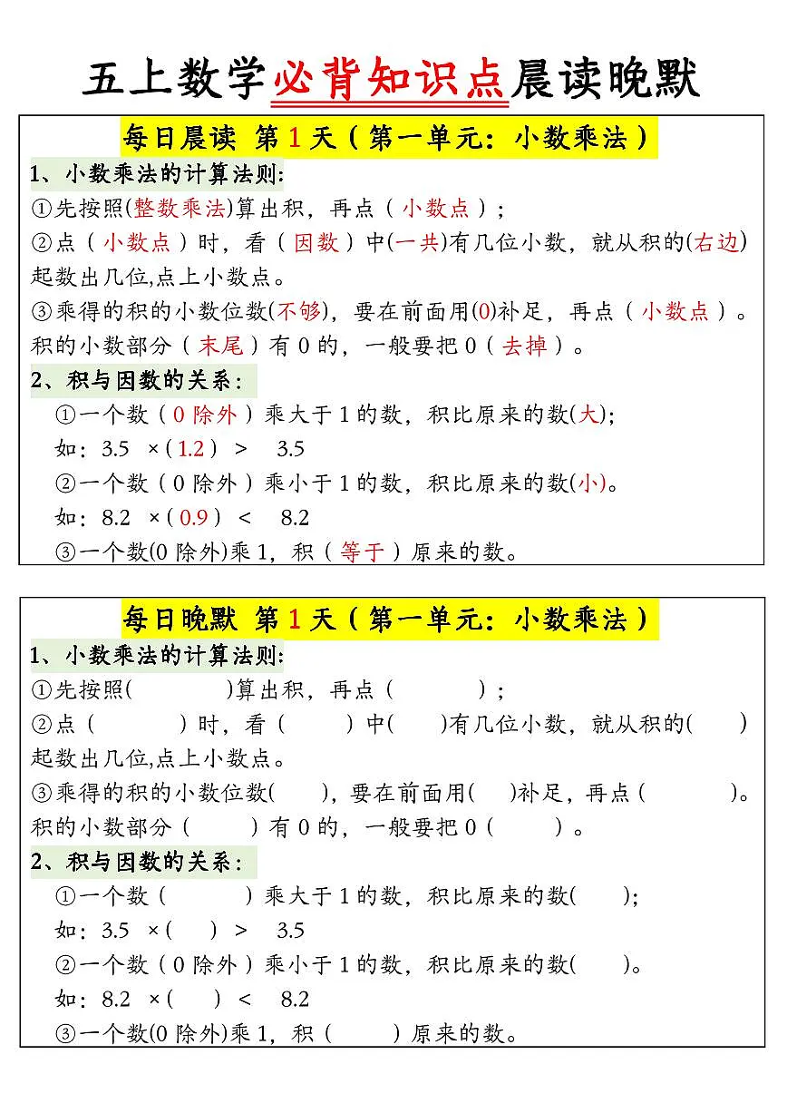 五年级上册数学期末晨读晚默必背知识点第1页