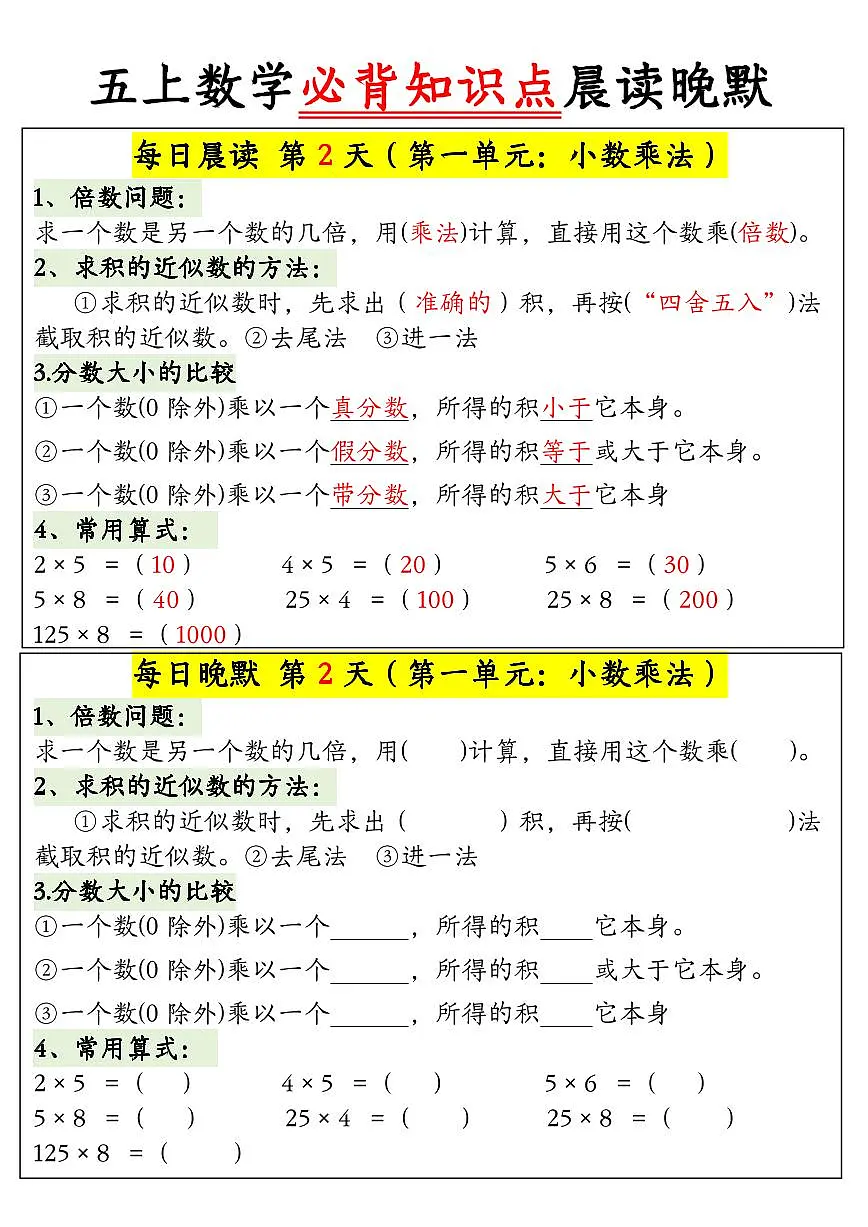五年级上册数学期末晨读晚默必背知识点第2页