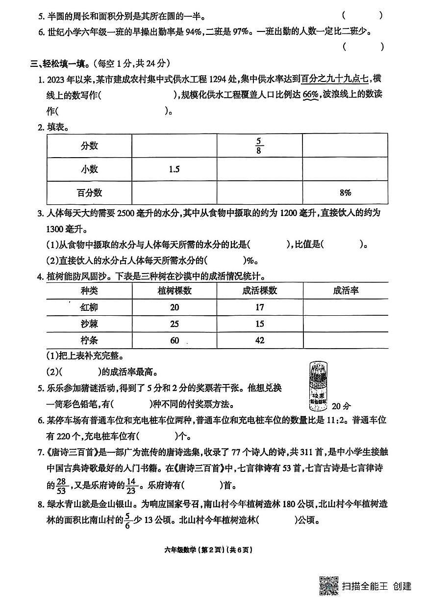 山东省聊城市莘县2025-2026学年六年级上学期1月期末数学试题第2页