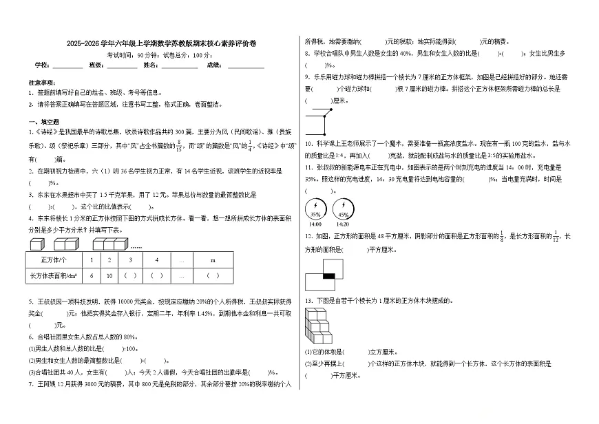 2025-2026学年六年级上学期数学苏教版期末核心素养评价卷（含答案解析）第1页