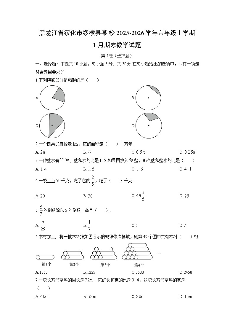 2025-2026学年黑龙江省绥化市绥棱县某校六年级上学期1月期末数学试卷（学生版）第1页
