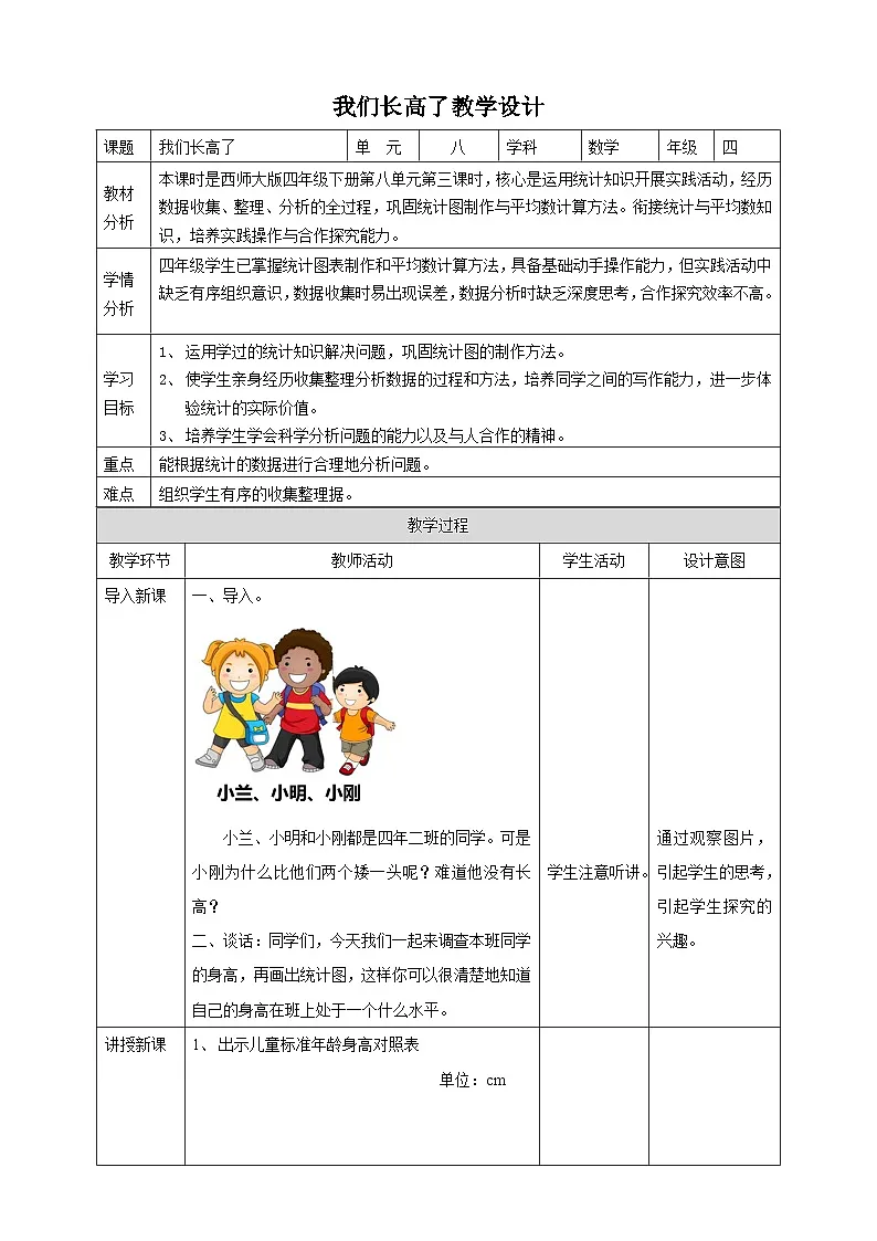 【任务型备课】西师大版四年级下册-8.3 我们长高了（教案）第1页