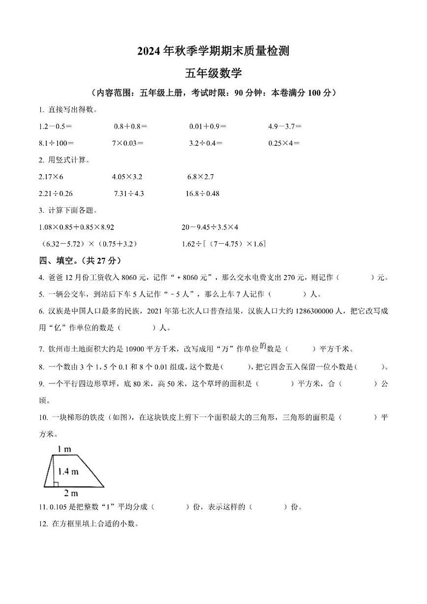 2024-2025学年广西壮族自治区钦州市钦南区苏教版五年级上册期末测试数学试卷（有答案）第1页