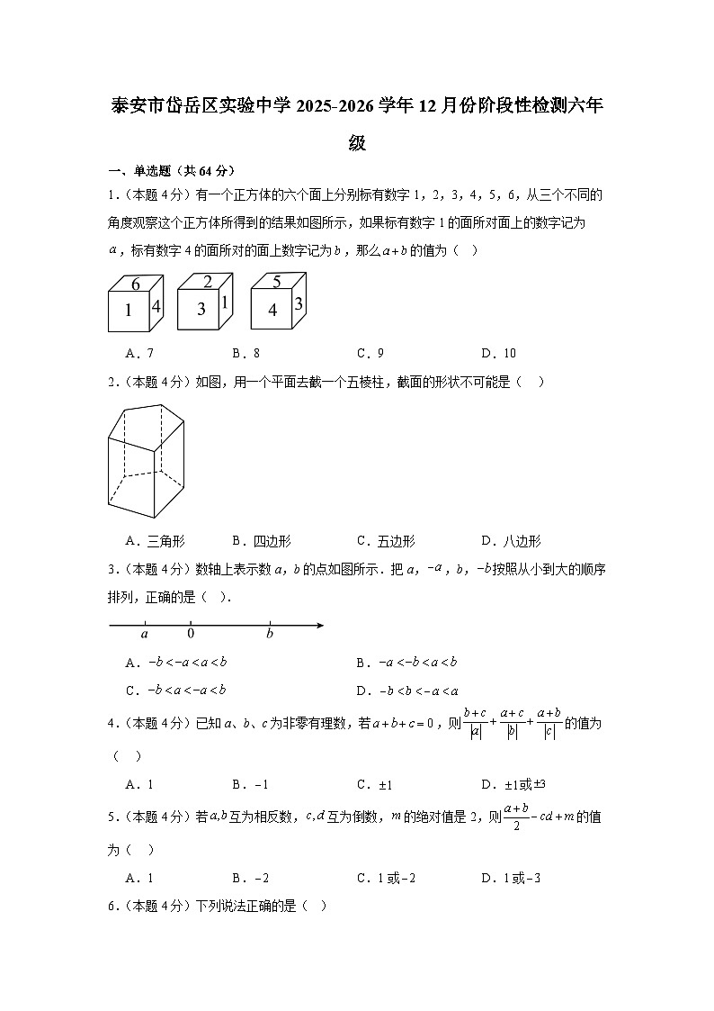 山东省泰安市岱岳区实验中学2025-2026学年六年级上学期12月份 数学阶段性检测第1页