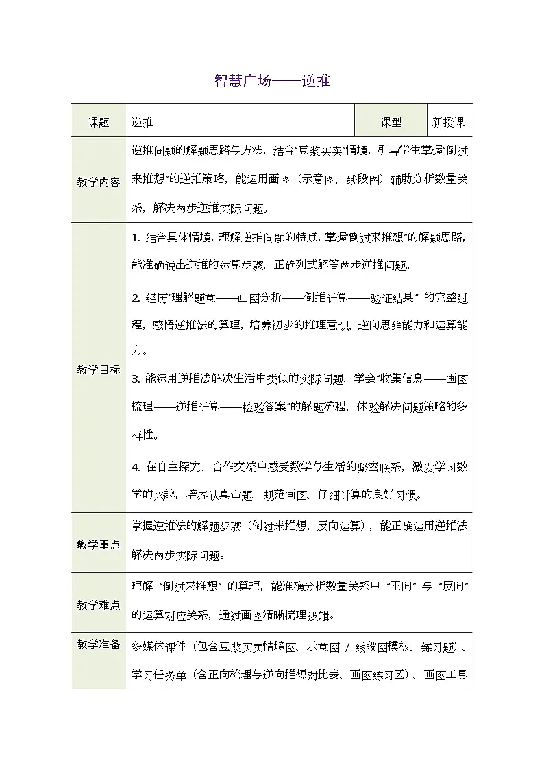 2026年青岛版数学三年级下册 智慧广场——逆推（表格式教案）第1页
