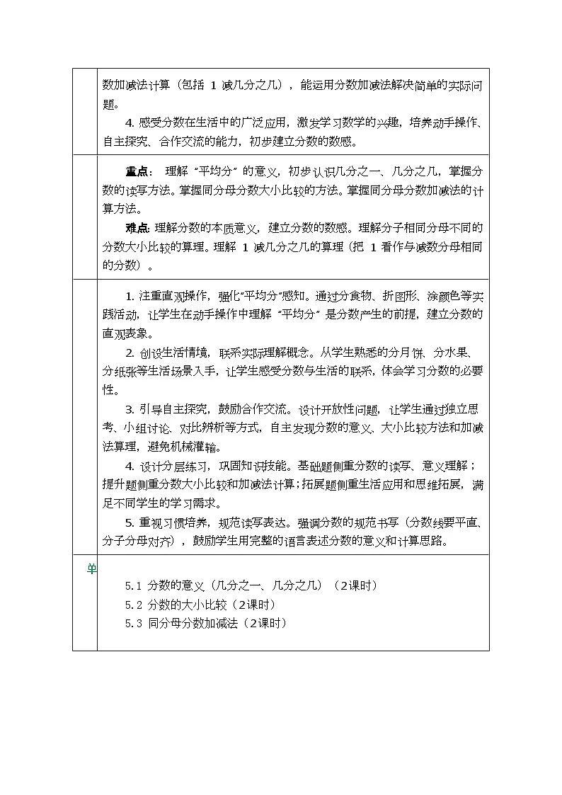 2026年青岛版数学三年级下册 5.1 分数的初步认识（表格式教案）第2页