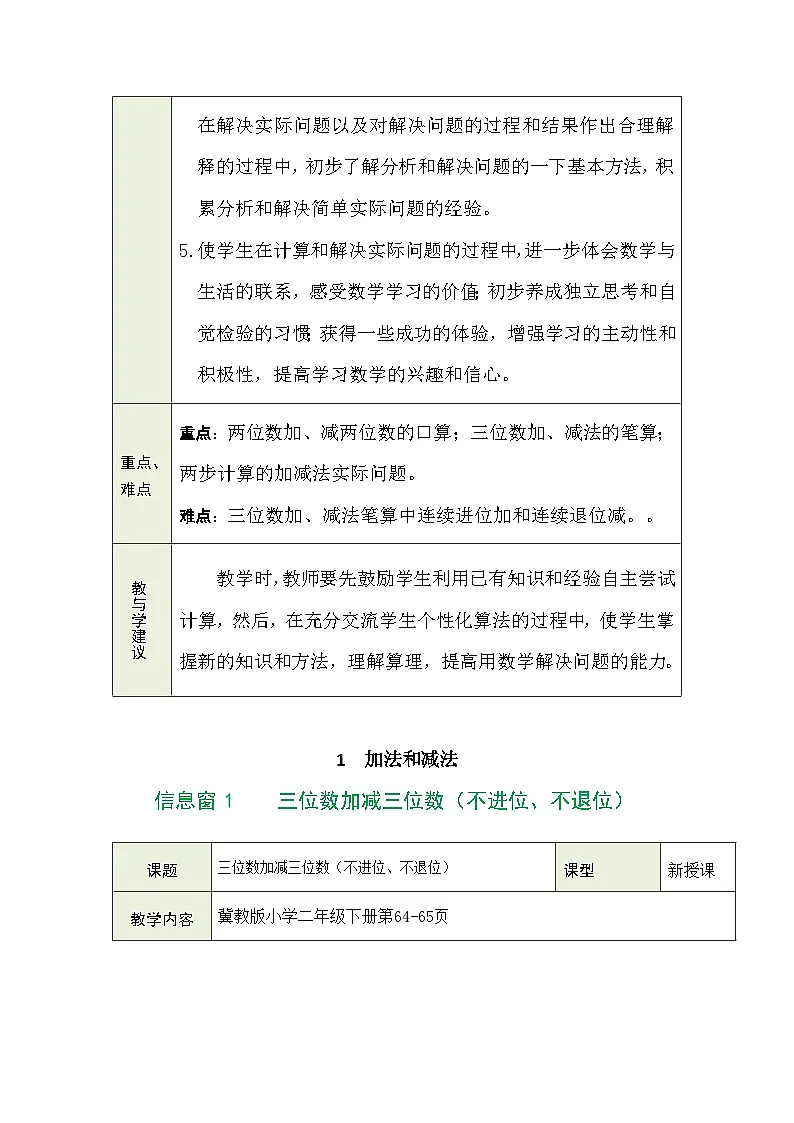 2026年冀教版二年级数学下册 五 三位数加减（教案）第2页