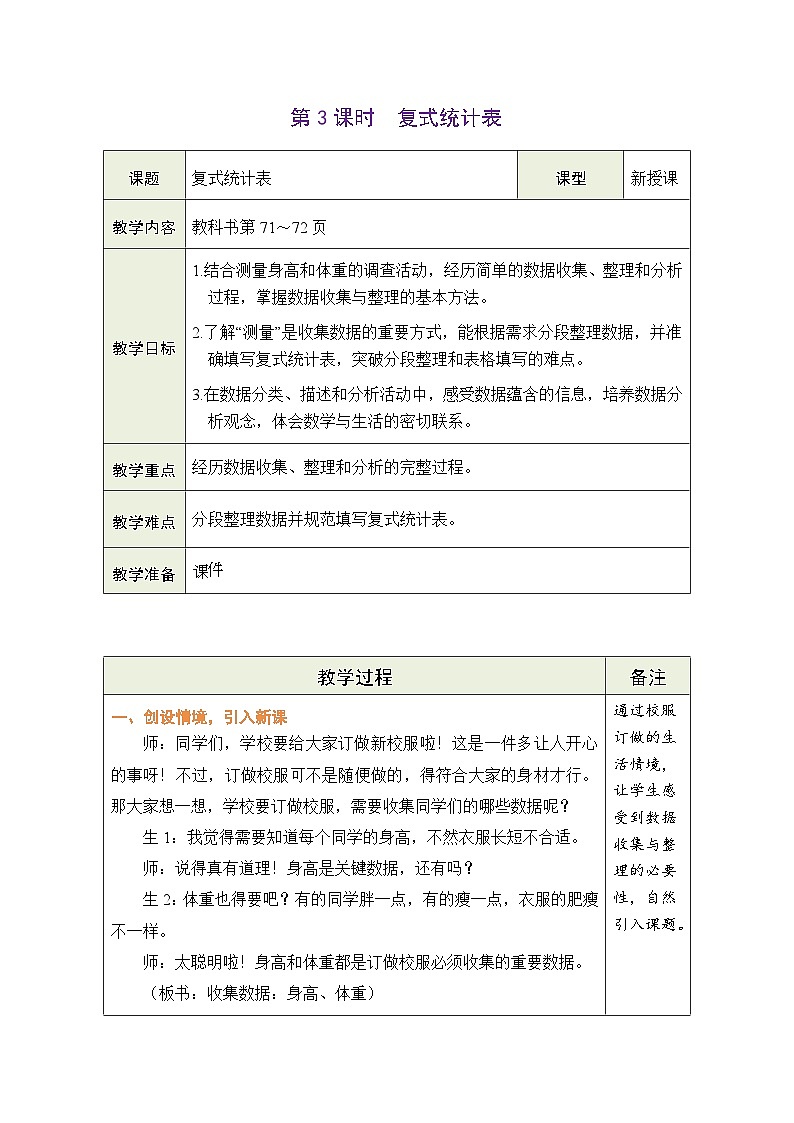 2026年冀教版三年级数学下册 5.3 复式统计表（表格式教案）第1页