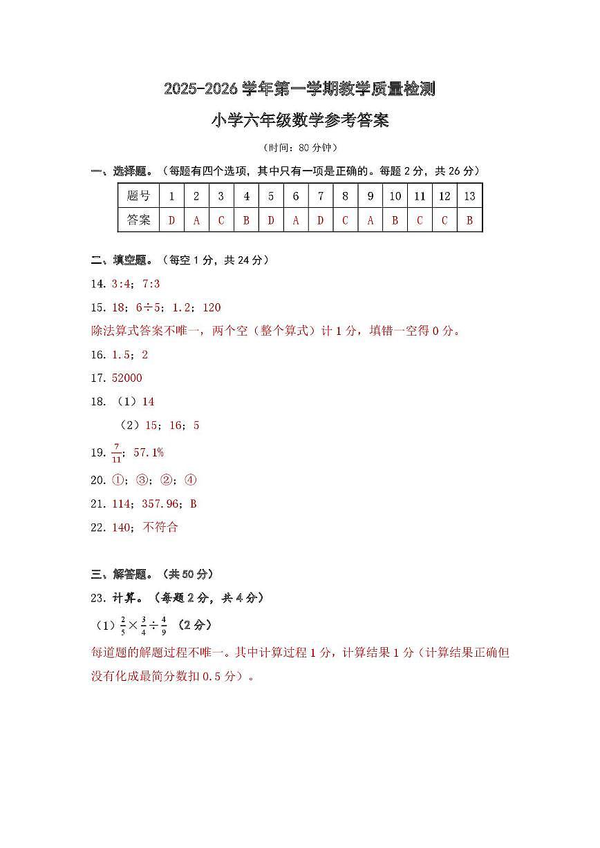 深圳市福田区2025-2026学年六年级上学期期末数学答案第1页