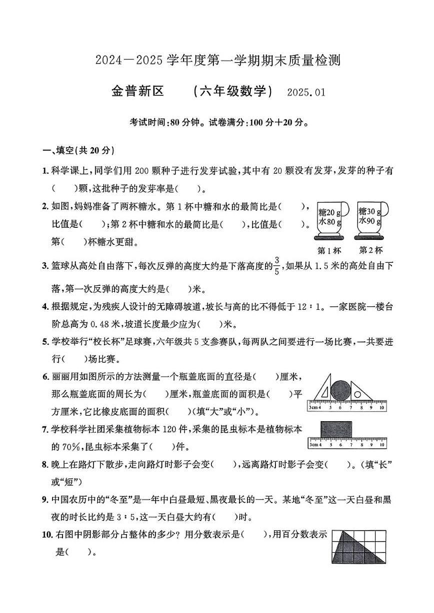辽宁省大连市金普新区2024-2025学年六年级上学期期末数学试卷（含答案）第1页