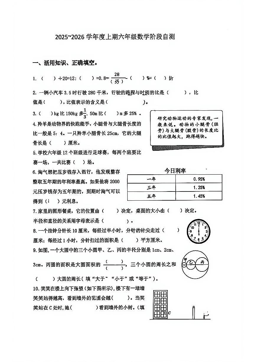 四川省成都市锦江盐道街学校2025-2026学年度上学期六年级数学期末检测（无答案）第1页