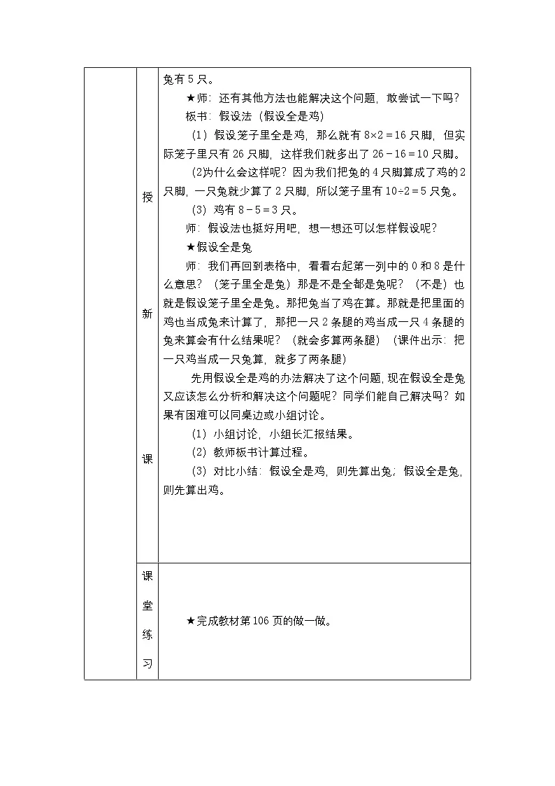人教版四年级下册数学9 数学广角——鸡兔同笼 教案（表格式）第3页