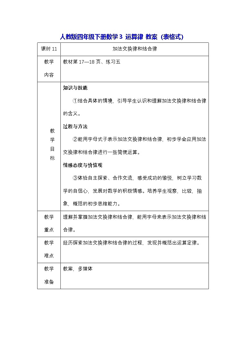 人教版四年级下册数学3 运算律 教案（表格式）第1页