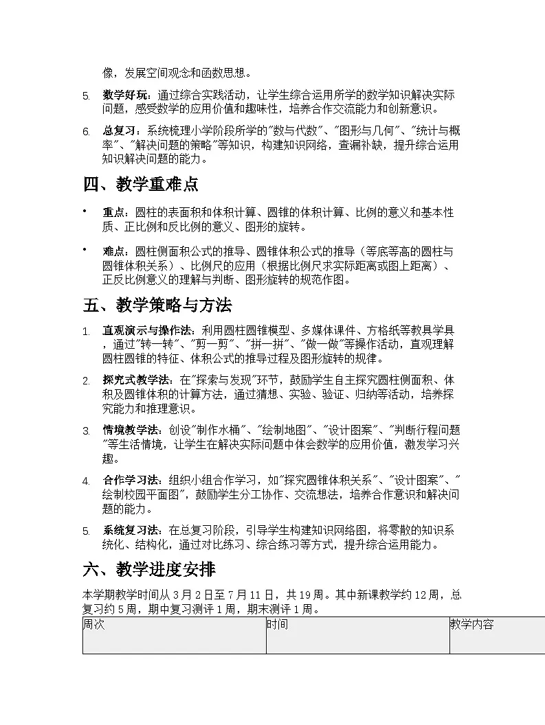 冀教版（2024）小学数学六年级下册教学计划第2页