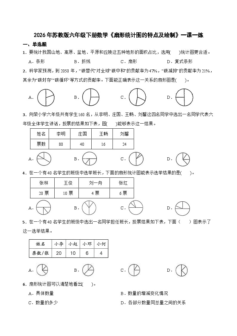 2026年苏教版六年级下册数学《扇形统计图的特点及绘制》一课一练（含答案解析）第1页