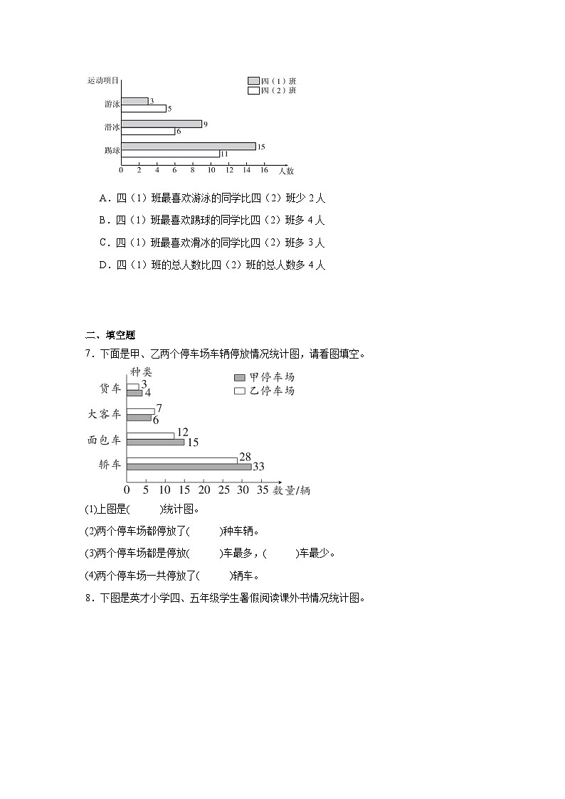 8.2复式条形统计图同步练习  人教版数学四年级下册第3页