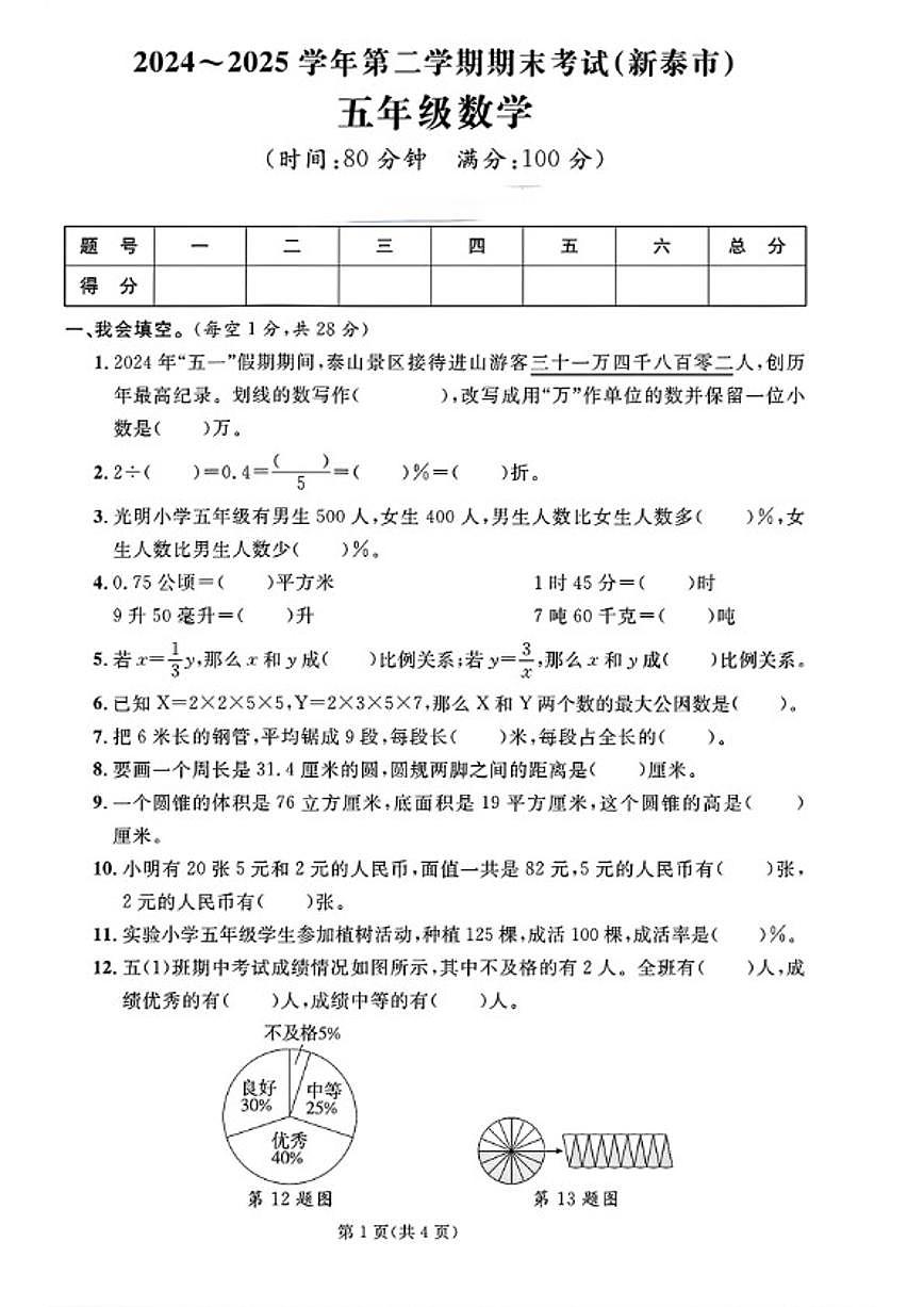 2024-2025学年山东省泰安市新泰市五年级下学期（五四制）期末数学试题（含答案）第1页