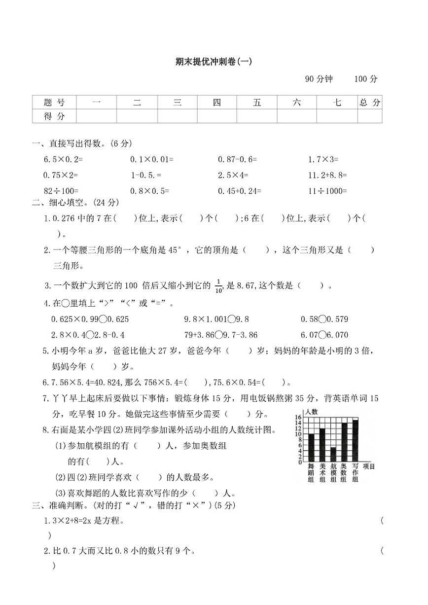 北师大版小学数学四年级下册期末提优冲刺卷(一)（含答案）第1页