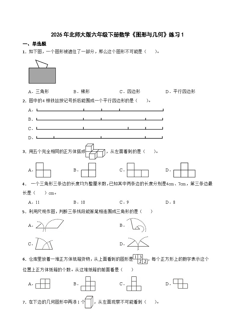 2026年北师大版六年级下册数学《图形与几何》练习1（含答案解析）第1页