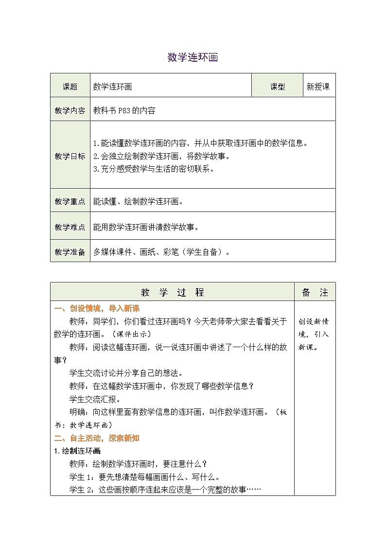 数学连环画(表格式教案)2025-2026学年人教版二年级数学下册第1页