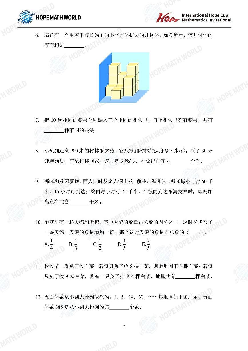 2026年1月希望杯全国数学竞赛四年级试题（E卷）及答案第2页
