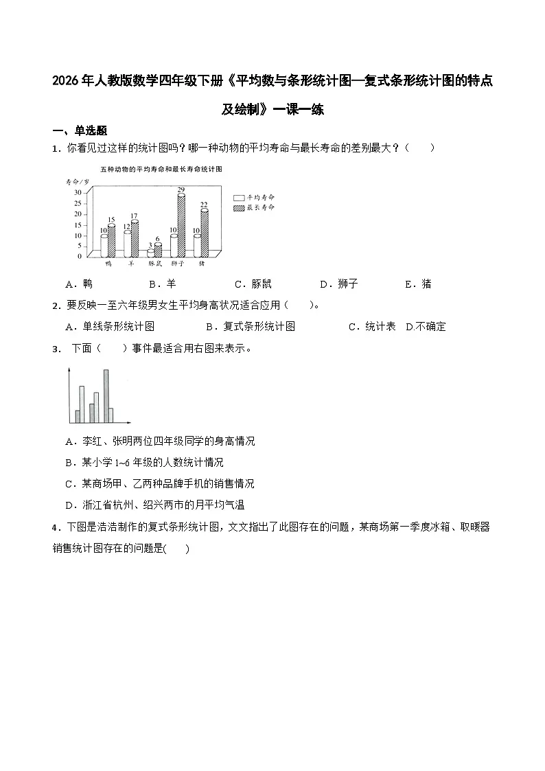 2026年人教版数学四年级下册《平均数与条形统计图—复式条形统计图的特点及绘制》一课一练（含答案解析）第1页
