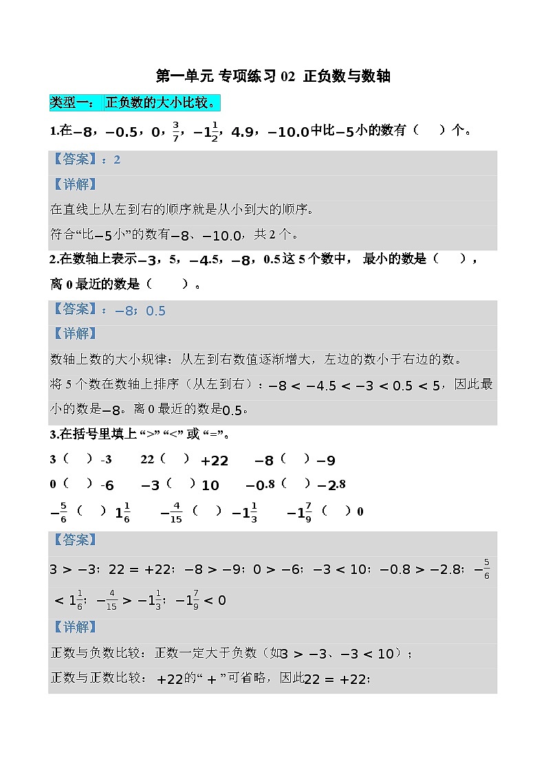 第一单元 专项练习02 正负数与数轴（3个类型）（解析版）数学人教版六年级下册第1页