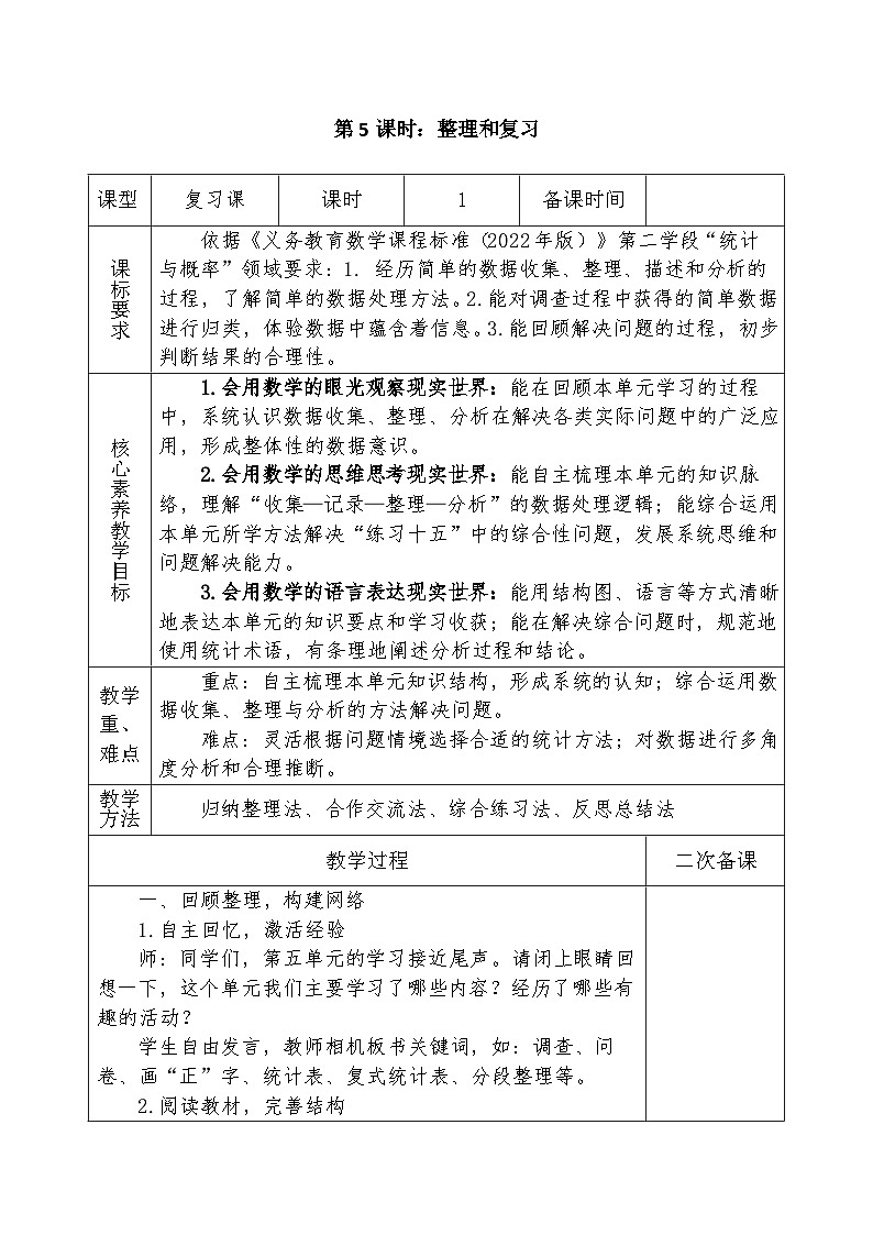 人教版2024小学数学三下《第5单元整理和复习》表格式教案第1页