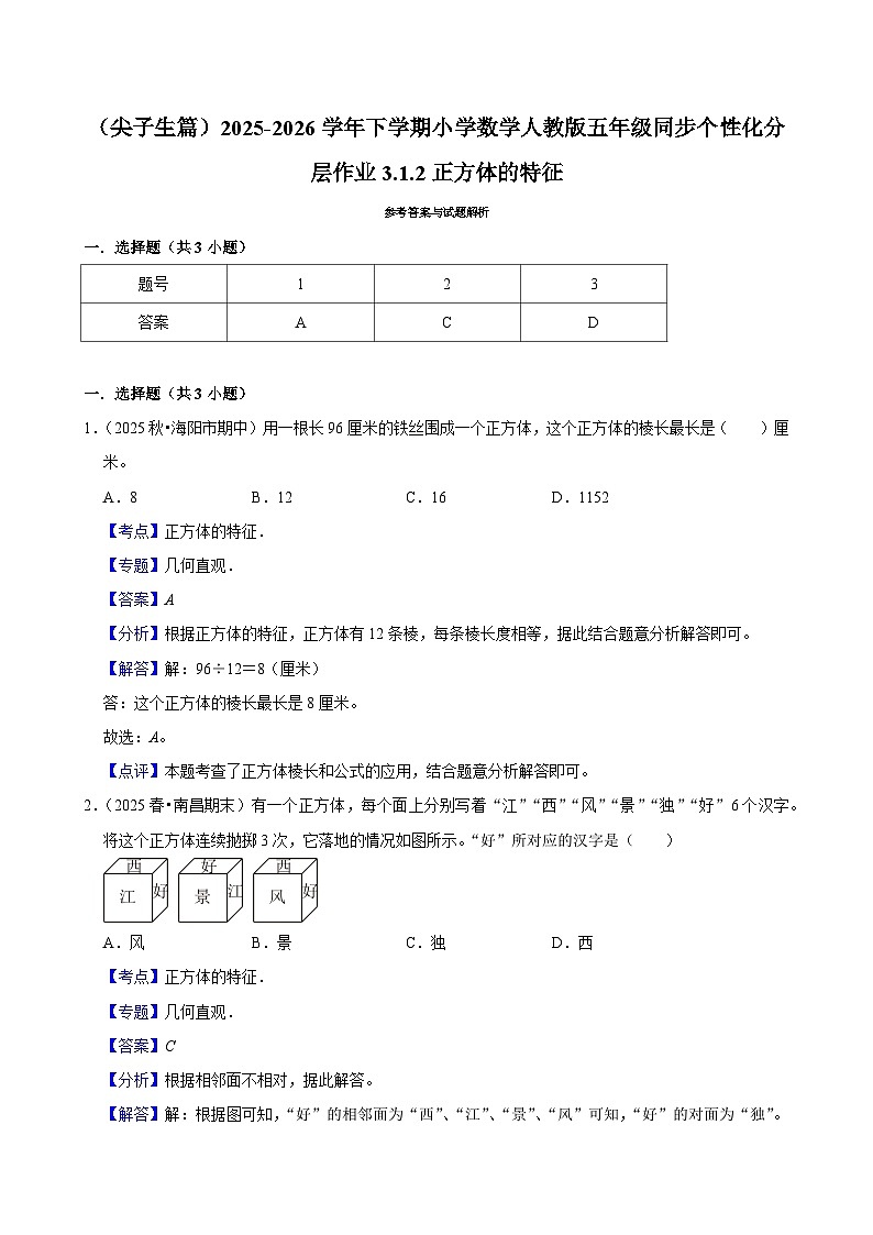 3.1.2正方体 （练习 含解析-尖子生）2025-2026学年小学数学五年级下册同步分层 人教版第3页