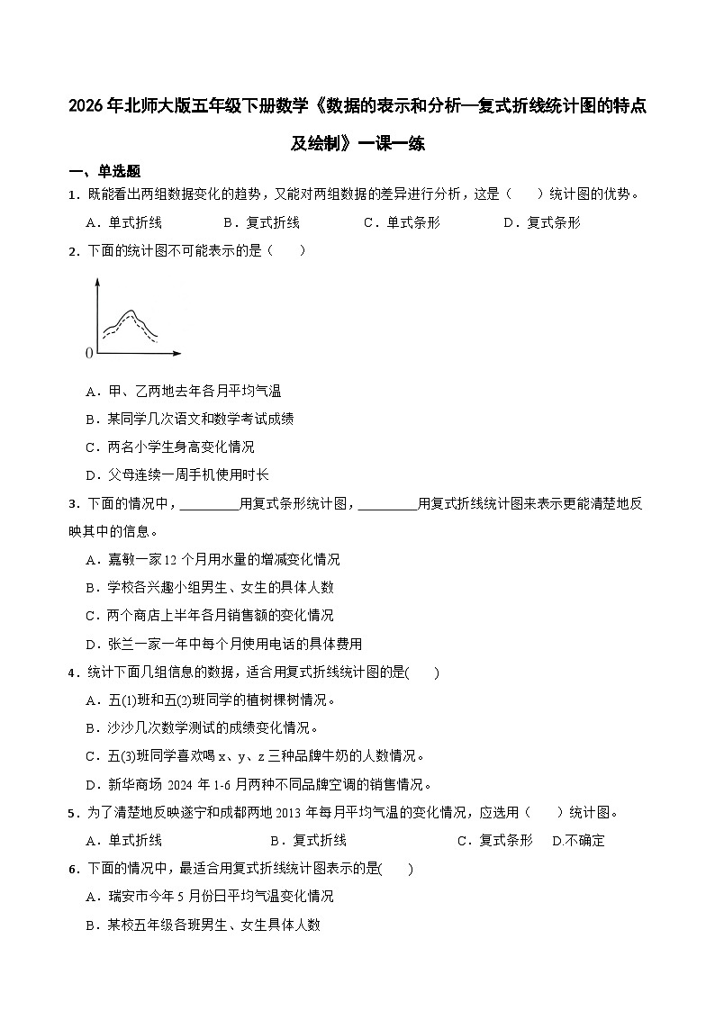 2026年北师大版五年级下册数学《数据的表示和分析—复式折线统计图的特点及绘制》一课一练（含答案解析）第1页