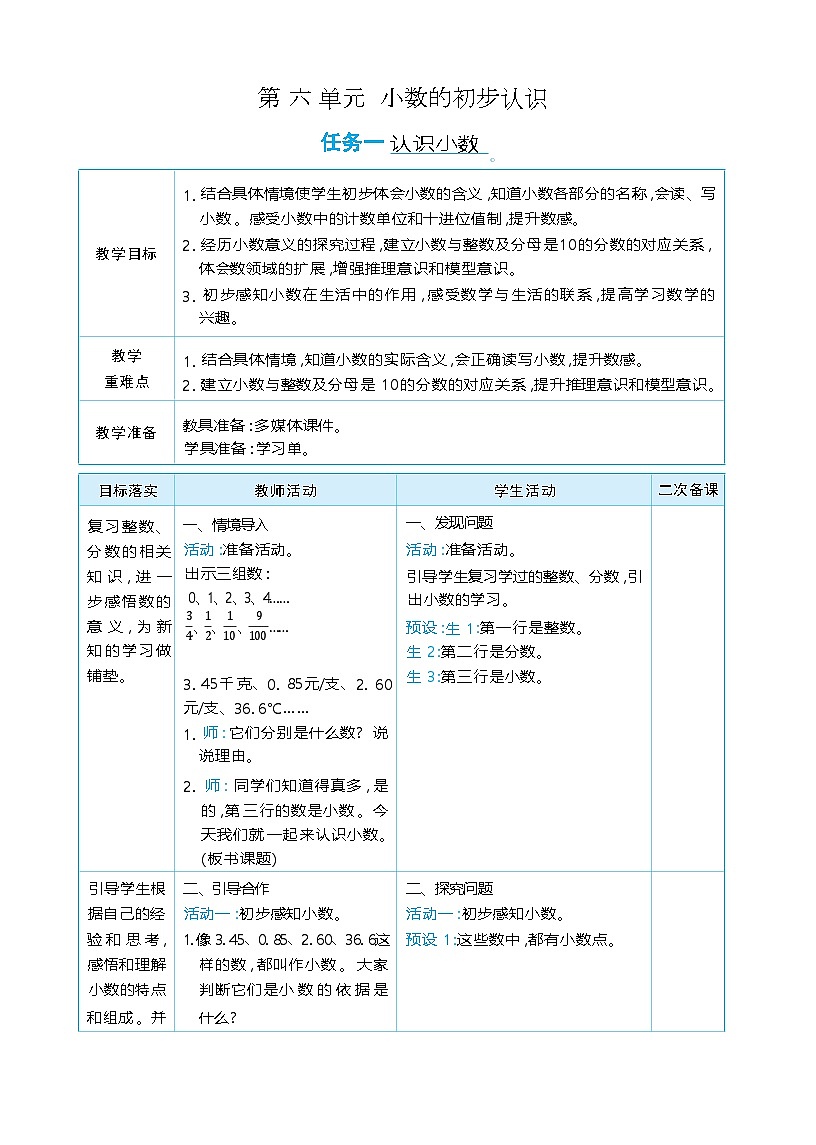 第 六 单元  小数的初步认识 单元整体（教学设计）-2025-2026学年三年级下册数学人教版（2024）第1页