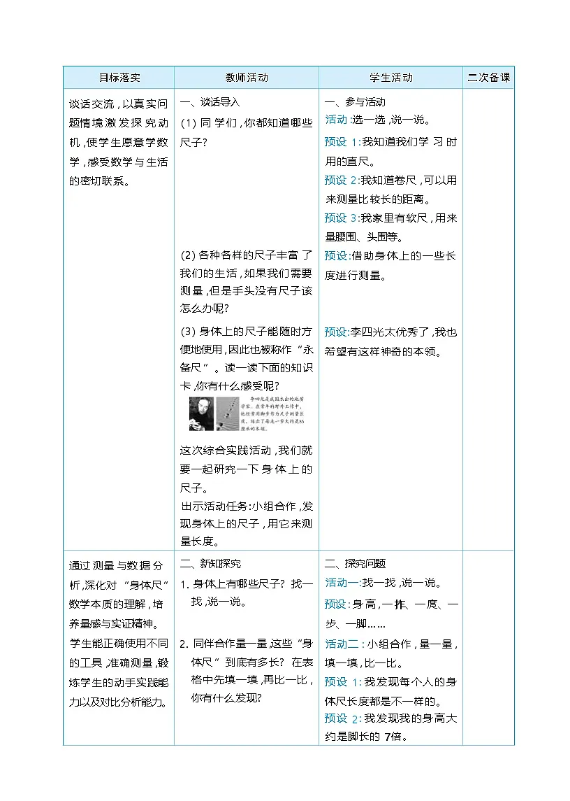 综合实践 发现身体上的尺子 单元整体（教学设计）-2025-2026学年二年级下册数学北师大版（2024）第2页